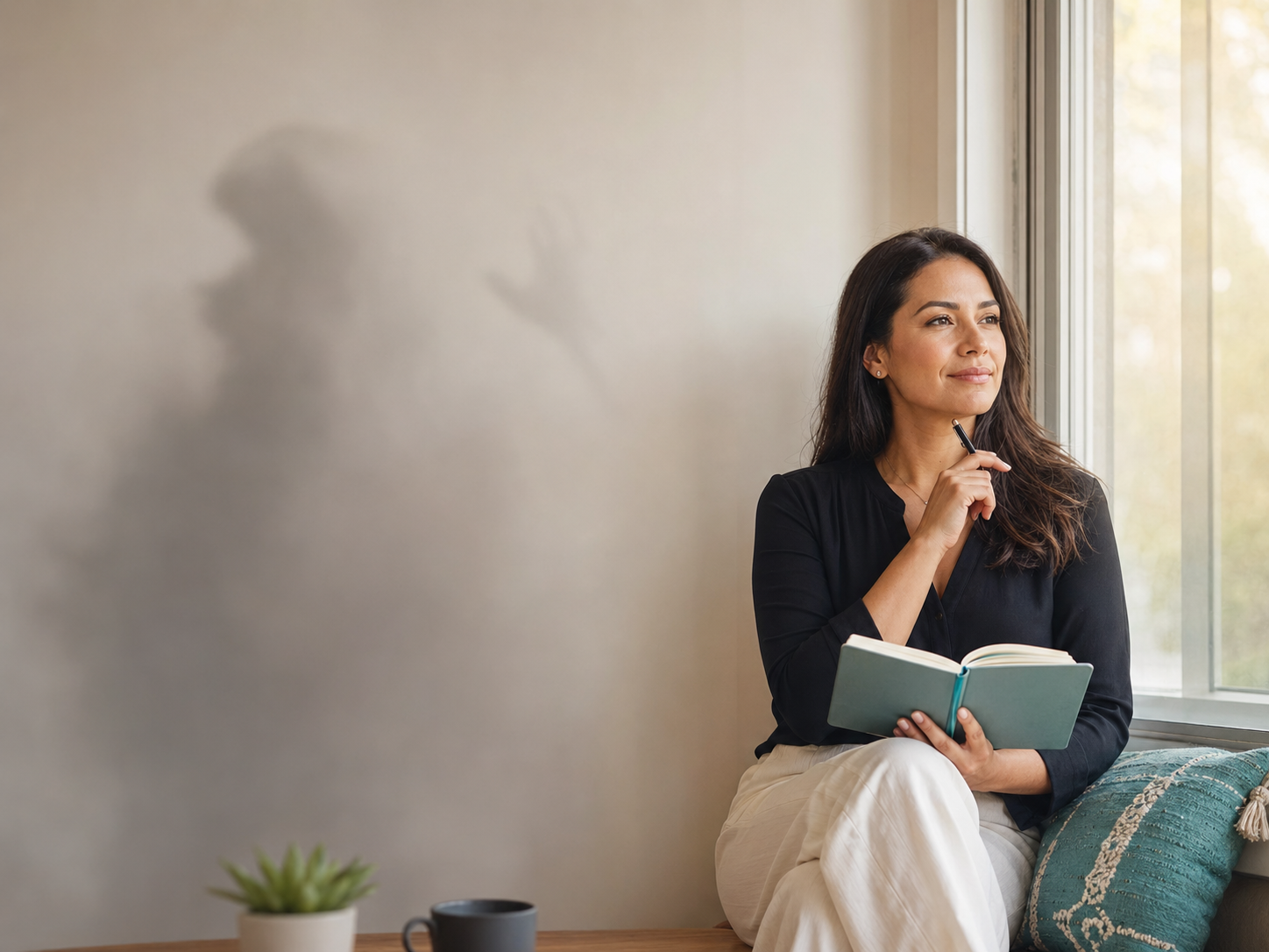 Mujer escribiendo en un diario junto a una ventana